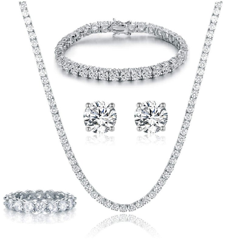 Gemsme 18K White Gold Plated Tennis Necklace/Bracelet/Earrings/Band Ring Sets Hypoallergenic Jewelry Pack of 4 (6) - Image 1